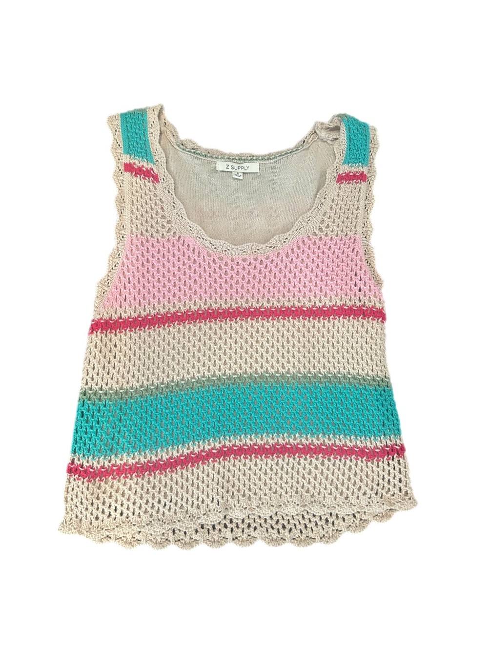 Z Supply Cream Crochet Tank with Pink and Teal Stripes (size small)